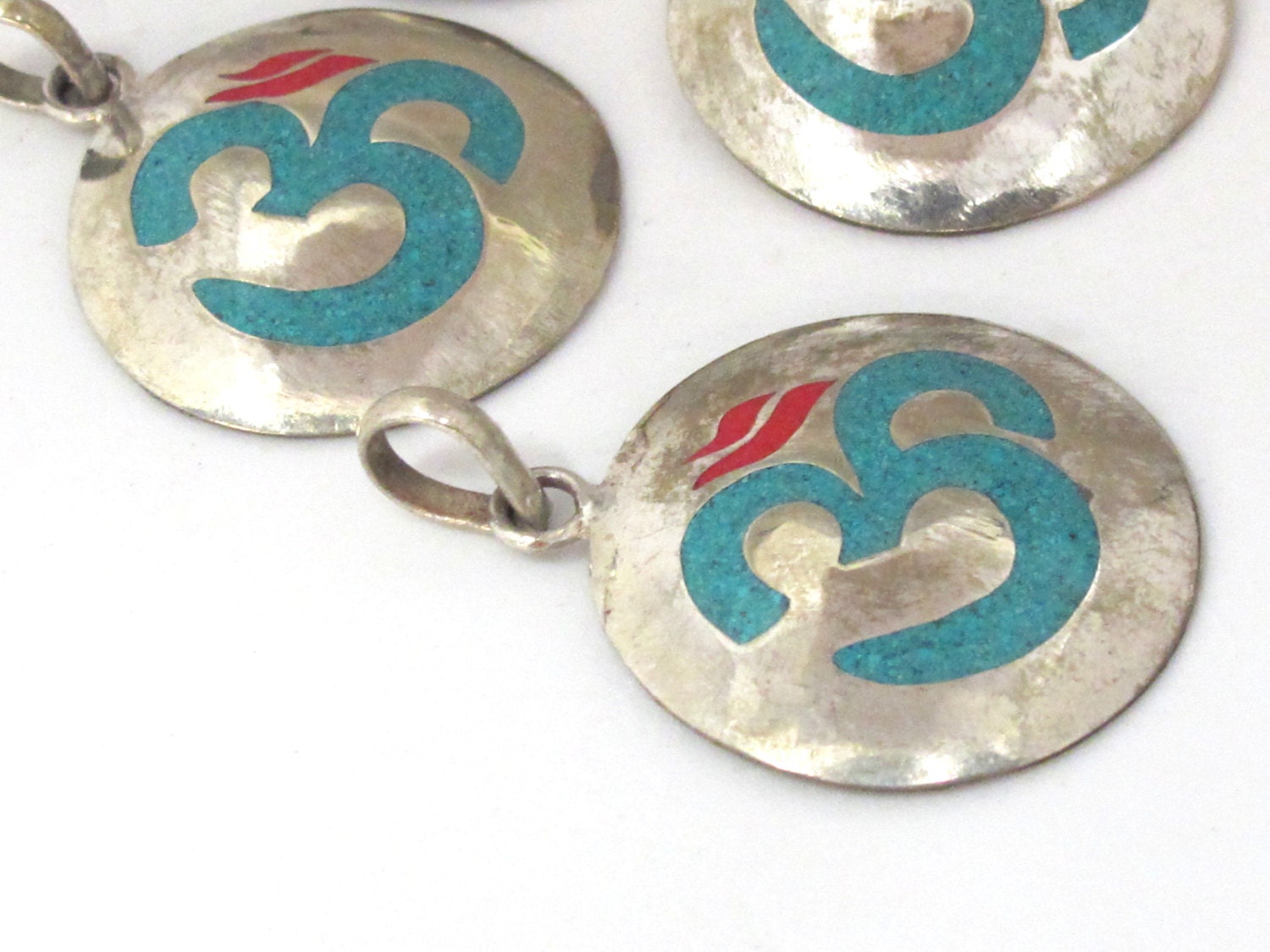 Tibetan pendant Sanskrit Om pendant with turquoise coral inlay - 1 Pendant - PM497B