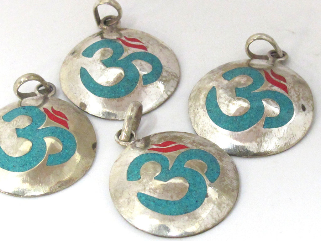 Tibetan pendant Sanskrit Om pendant with turquoise coral inlay - 1 Pendant - PM497B