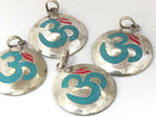 Tibetan pendant Sanskrit Om pendant with turquoise coral inlay - 1 Pendant - PM497B