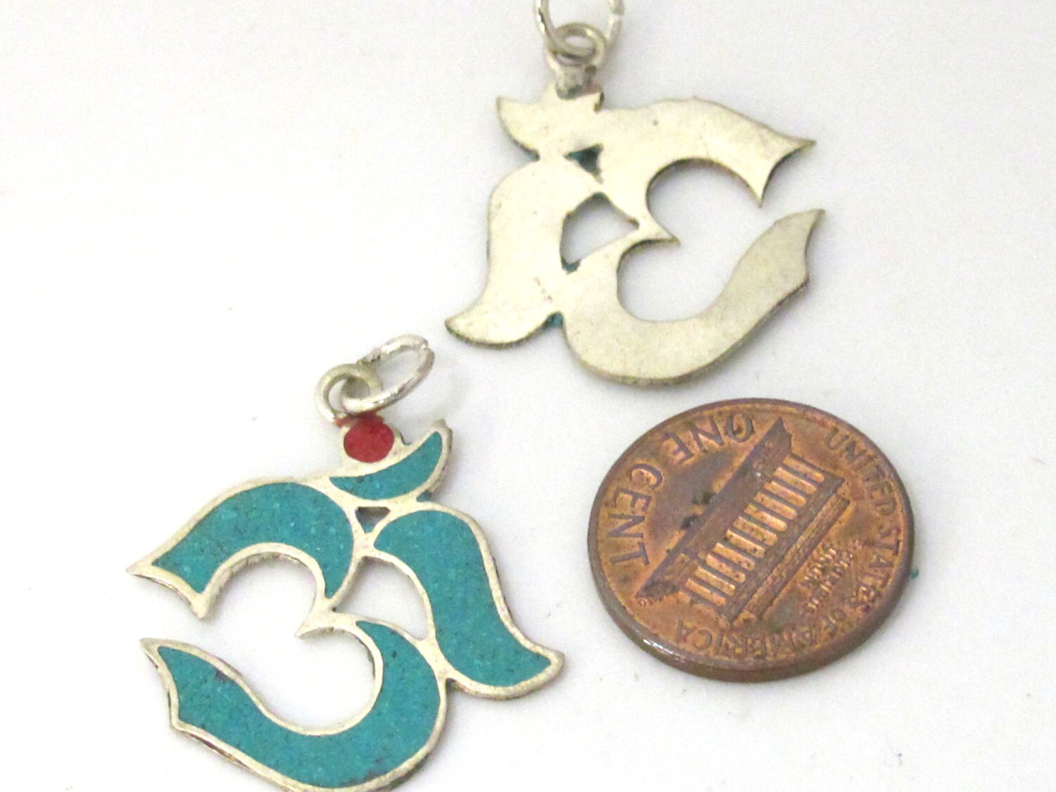Small size thin light weight Sanskrit Om charms with turquoise inlay - Nepal amulet Tibetan charm PM497D