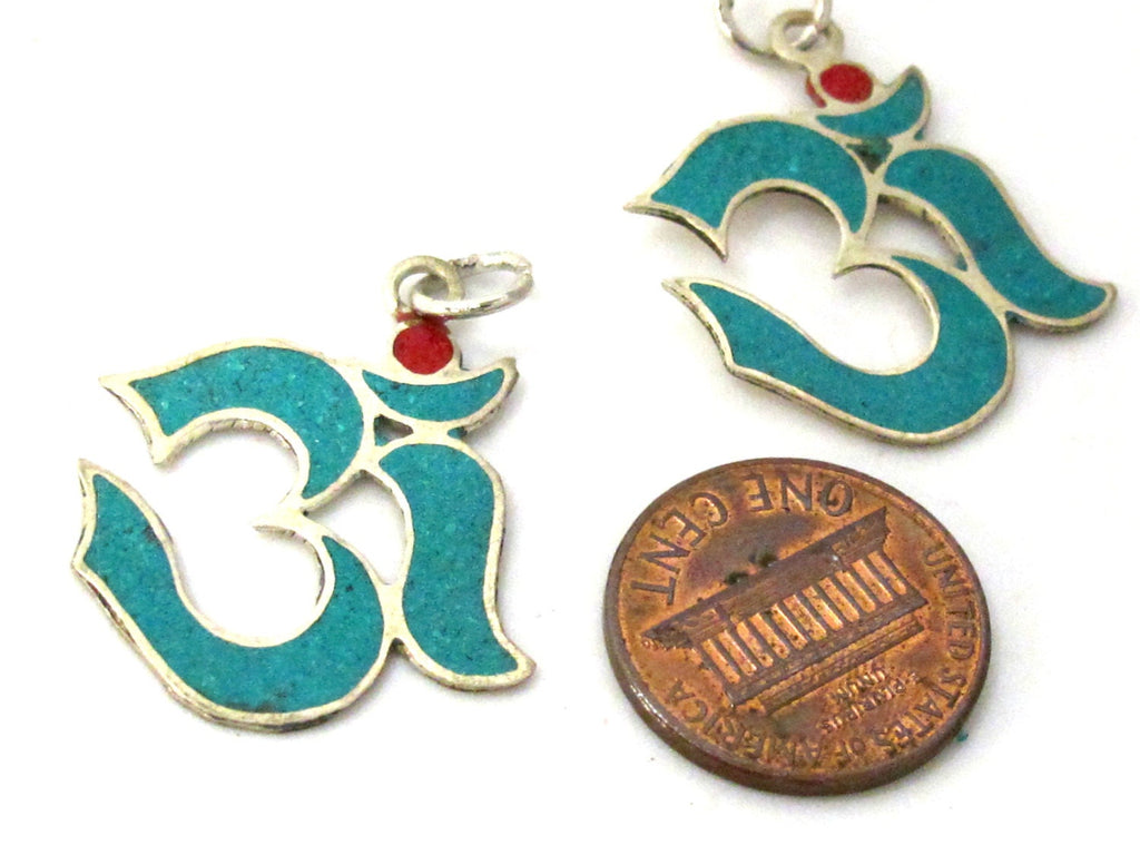 Small size thin light weight Sanskrit Om charms with turquoise inlay - Nepal amulet Tibetan charm PM497D