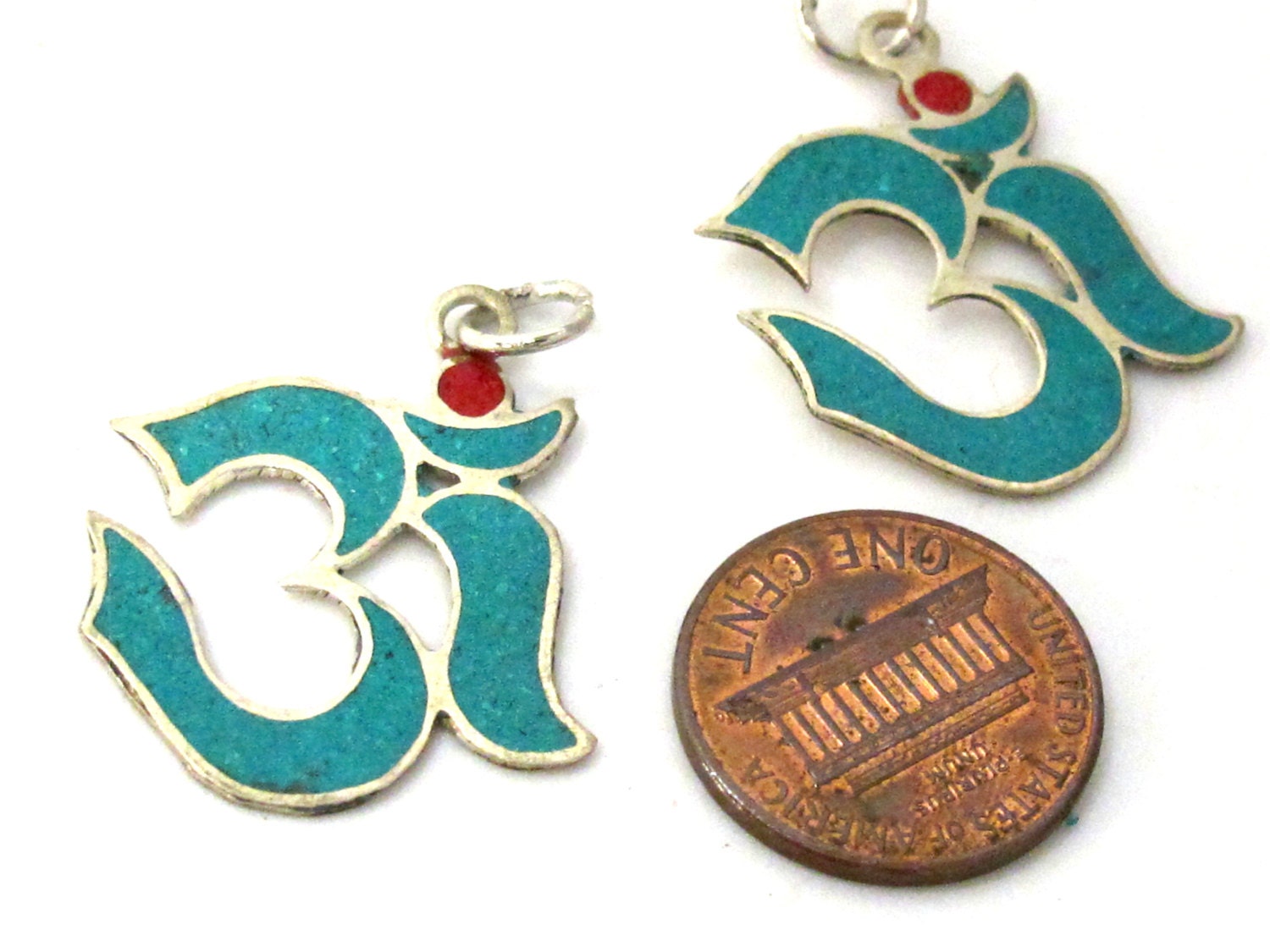 Small size thin light weight Sanskrit Om charms with turquoise inlay - Nepal amulet Tibetan charm PM497D