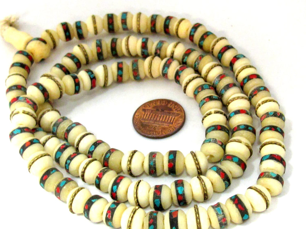 108 beads - 8 mm Tibetan white color recycled cattle bone mala turquoise brass inlay beads and Guru bead supply - ML070A