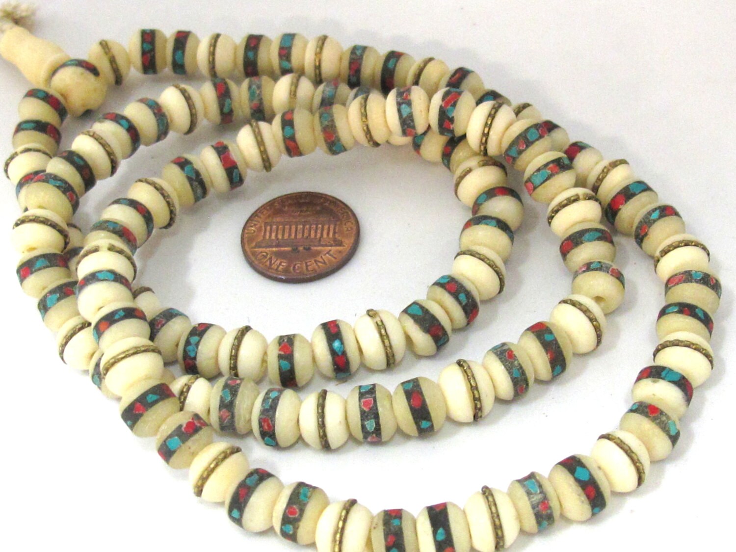 108 beads - 8 mm Tibetan white color recycled cattle bone mala turquoise brass inlay beads and Guru bead supply - ML070A