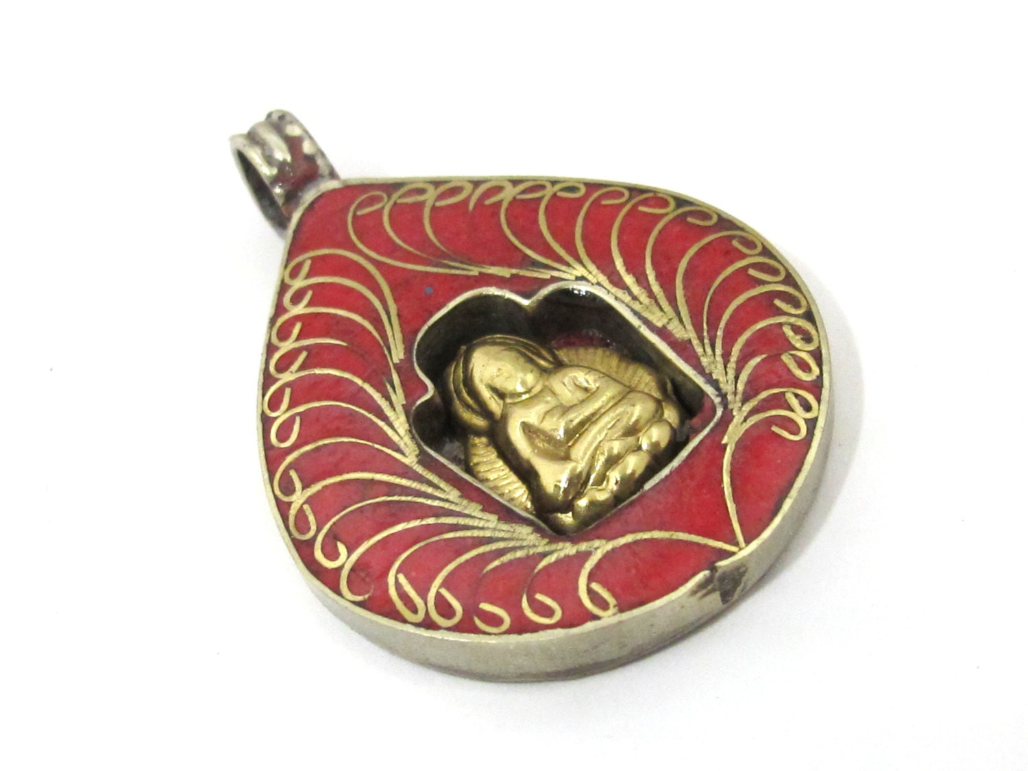 1 pendant - Tibetan bodhi banyan tree leaf shape sacred Buddha pendant with coral inlay - nepal pendants jewelry making PM504B