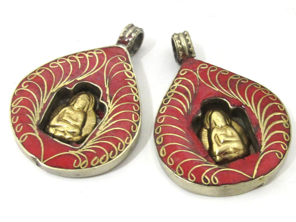 1 pendant - Tibetan bodhi banyan tree leaf shape sacred Buddha pendant with coral inlay - nepal pendants jewelry making PM504B