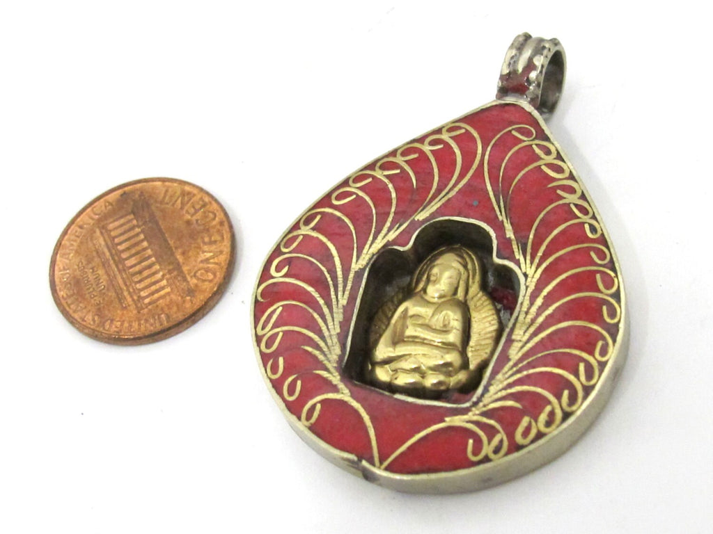 1 pendant - Tibetan bodhi banyan tree leaf shape sacred Buddha pendant with coral inlay - nepal pendants jewelry making PM504B