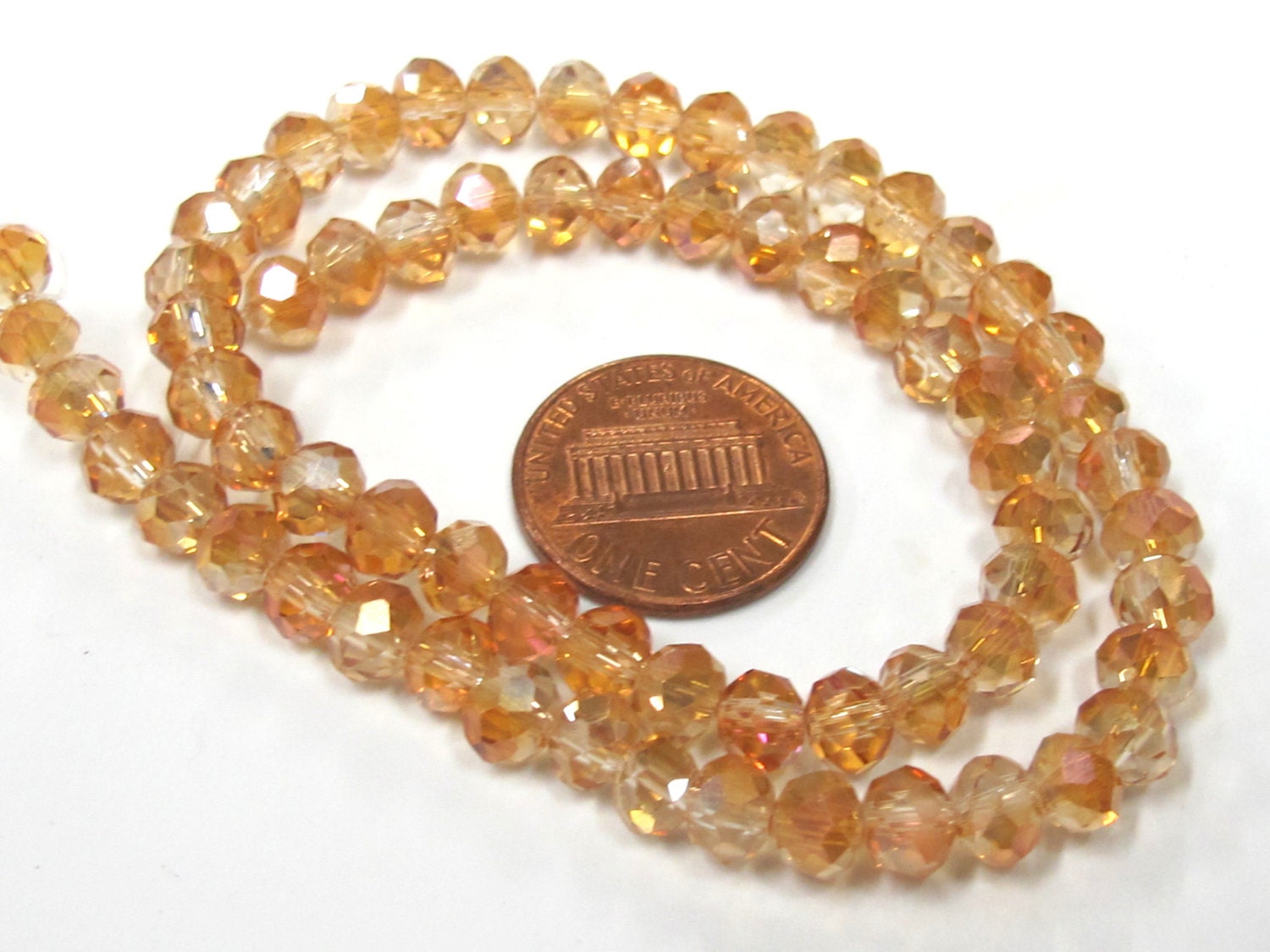 1 Full strand - Faceted rondelle AB peachy orange color crystal glass beads 6 mm size - AB046