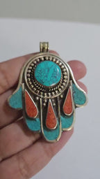 1 pendant - Beautiful Tibetan hamsa pendant with turquoise coral inlay hand pendant handcrafted Nepal -  PM337C