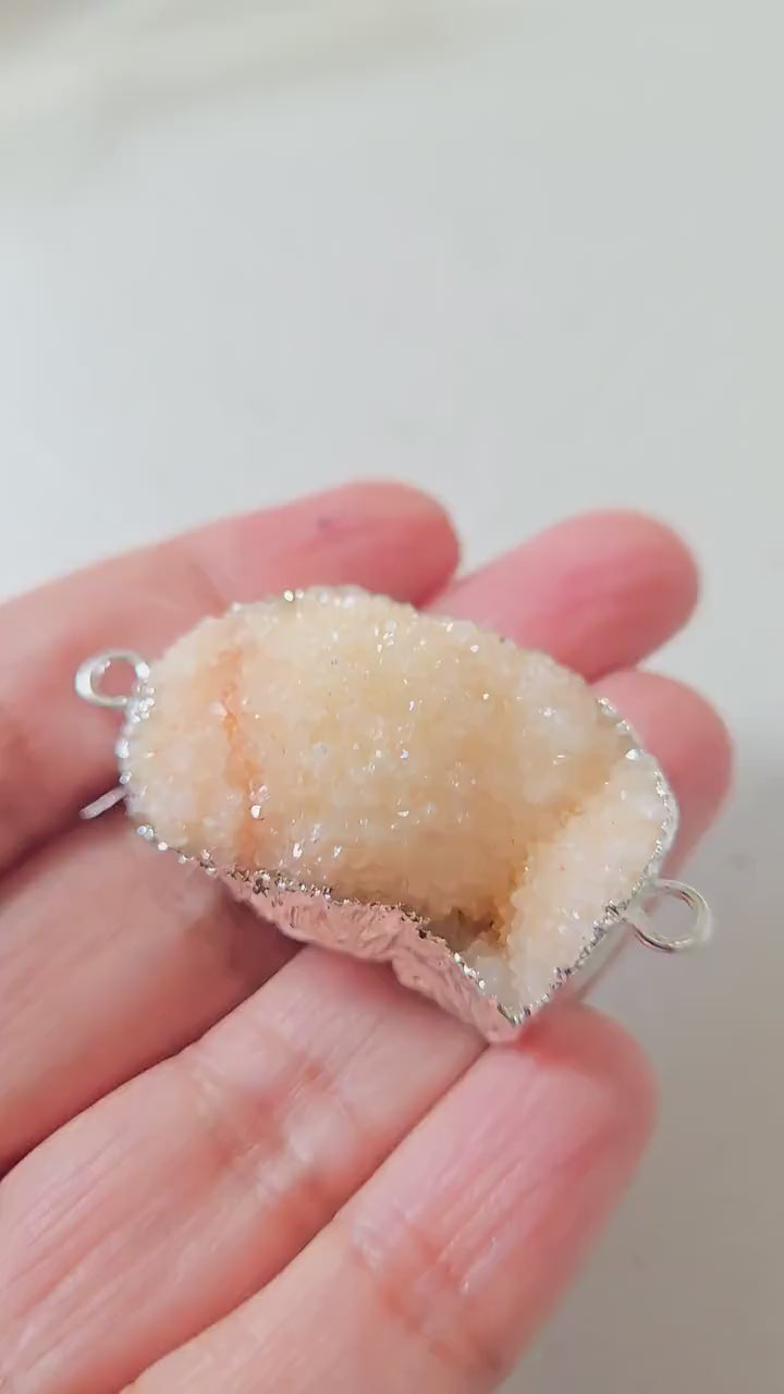 Peachy pink orange quartz shimmer Druzy agate geode silver edged pendant- SP020D