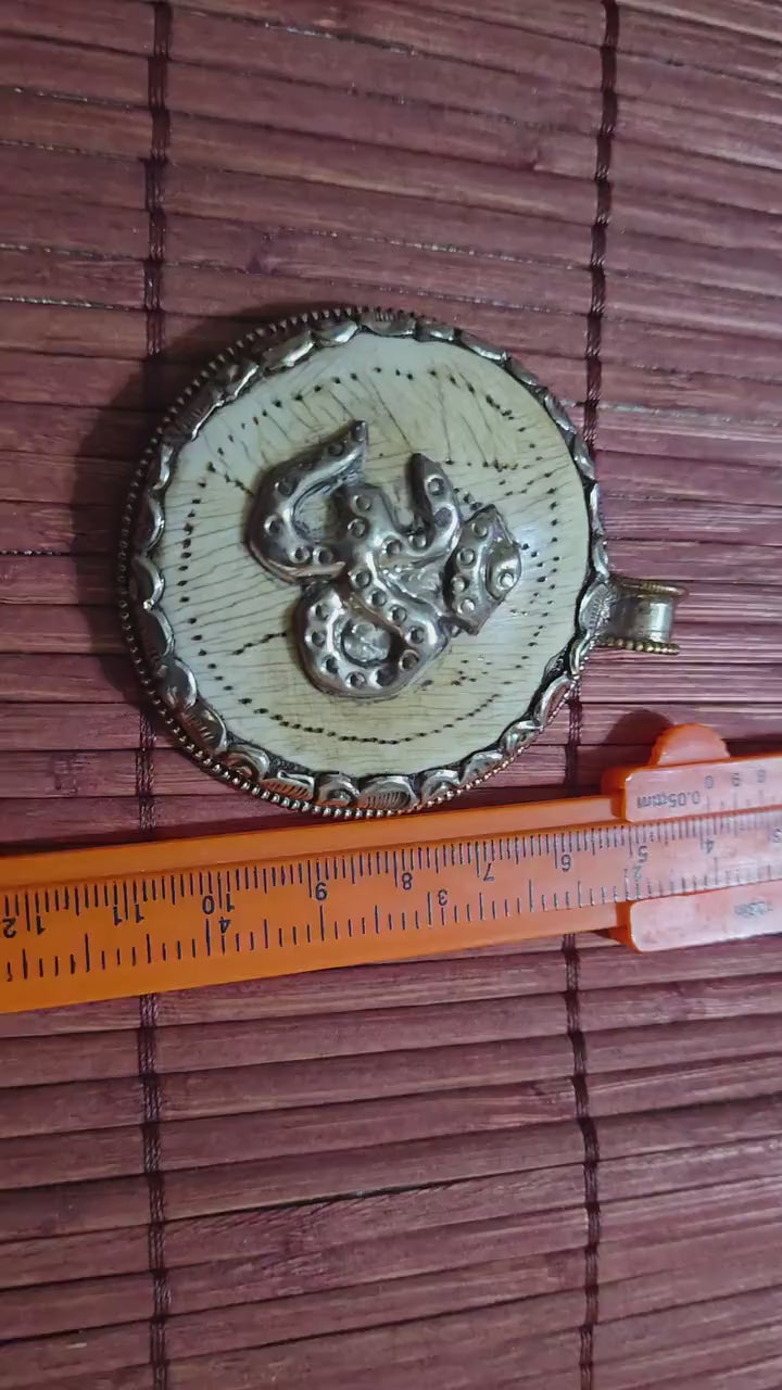 Tibetan Conch Shell Pendant with Om & Phoenix bird | Ethnic Naga Tribal Stick Figure carved | Nepal naga conch Shell jewelry Amulet | PM004B