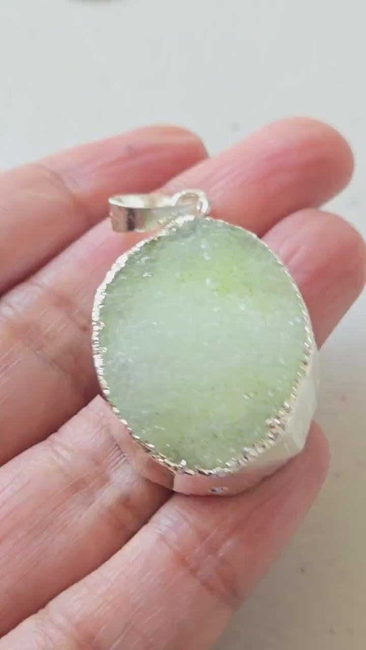 Pastel Green shimmer Druzy agate geode silver edged pendant - SP020B