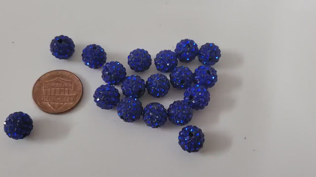 10 Beads - Sparkly bling crystal rhinestone inlaid polymer clay blue color beads - 10 mm size - BD946C