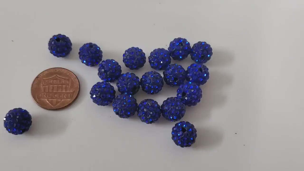 10 Beads - Sparkly bling crystal rhinestone inlaid polymer clay blue color beads - 10 mm size - BD946C