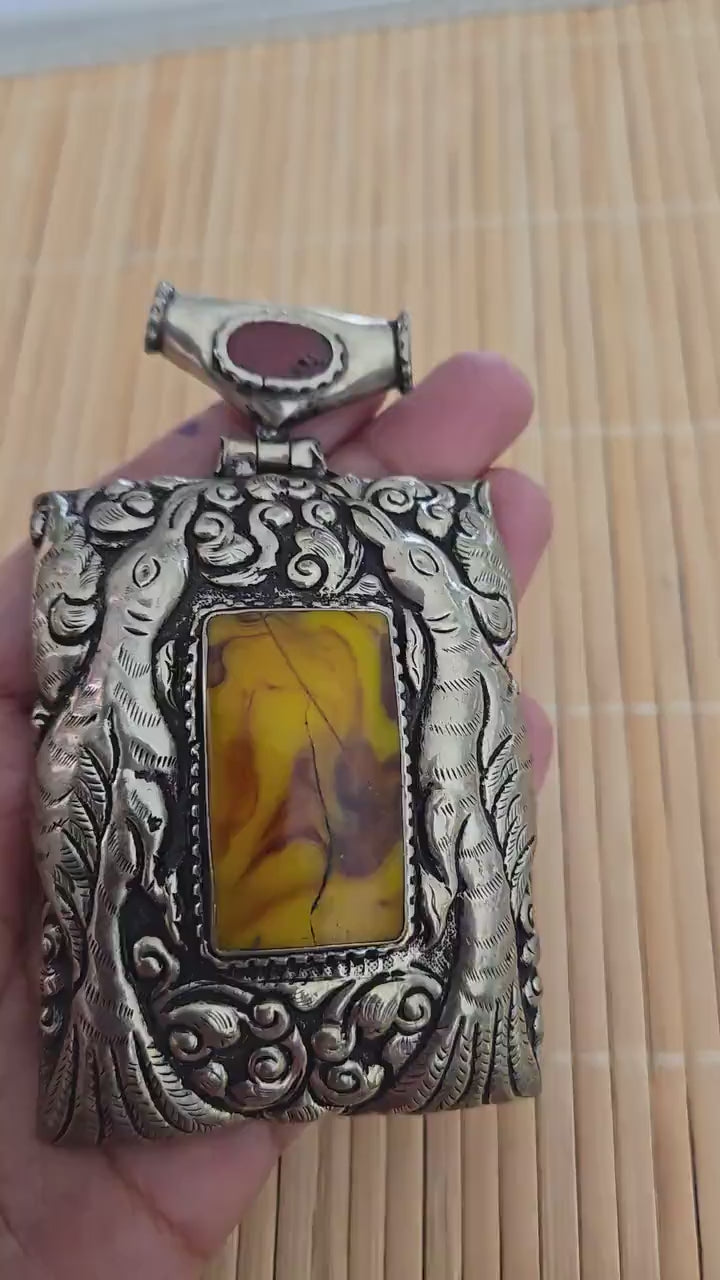 OOAK Extra Large Tibetan Silver Repousse phoenix Bird carving  pendant with resin coral inlay  - PM278L
