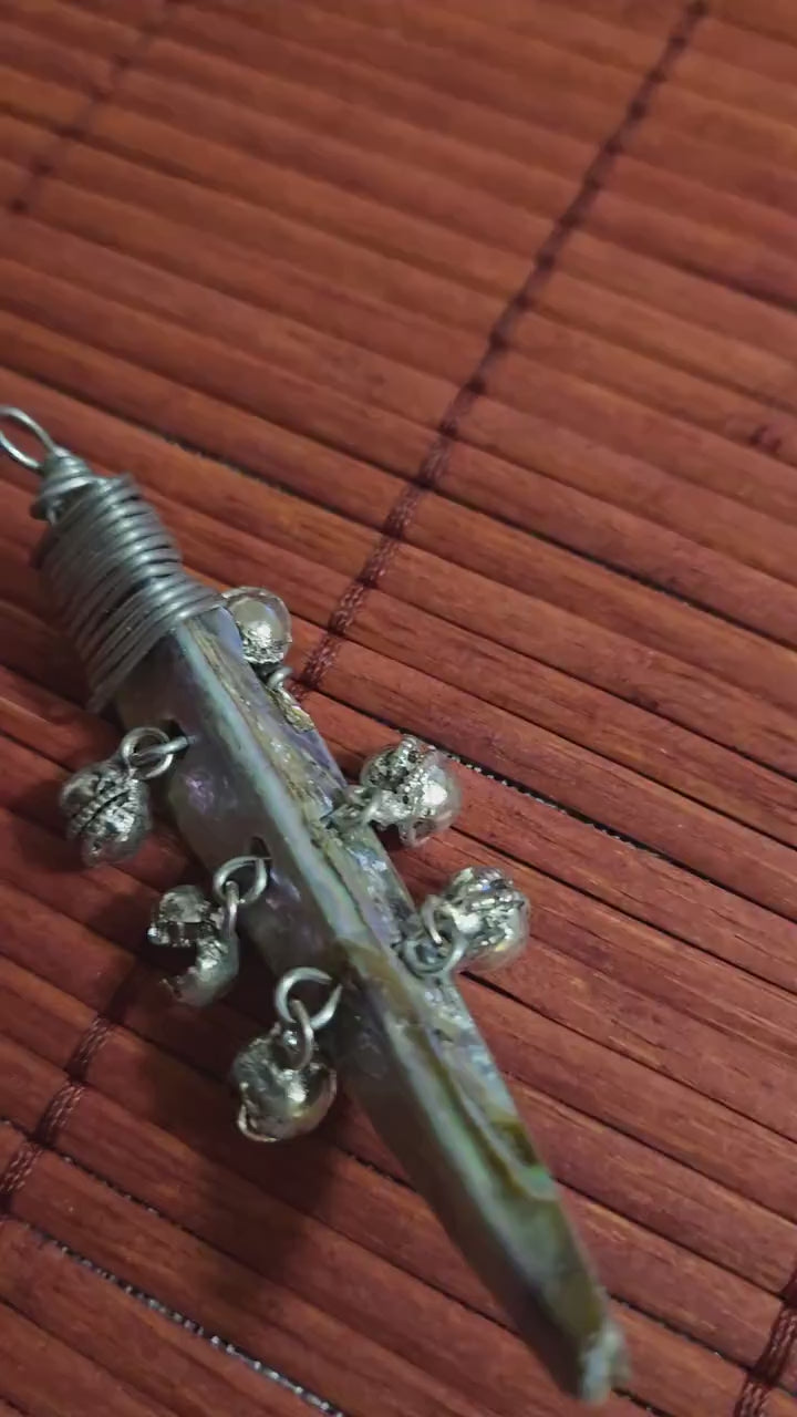 Beautiful Paua abalone Shell tribal design horn tooth shape pendant with bell charms-  SP032B