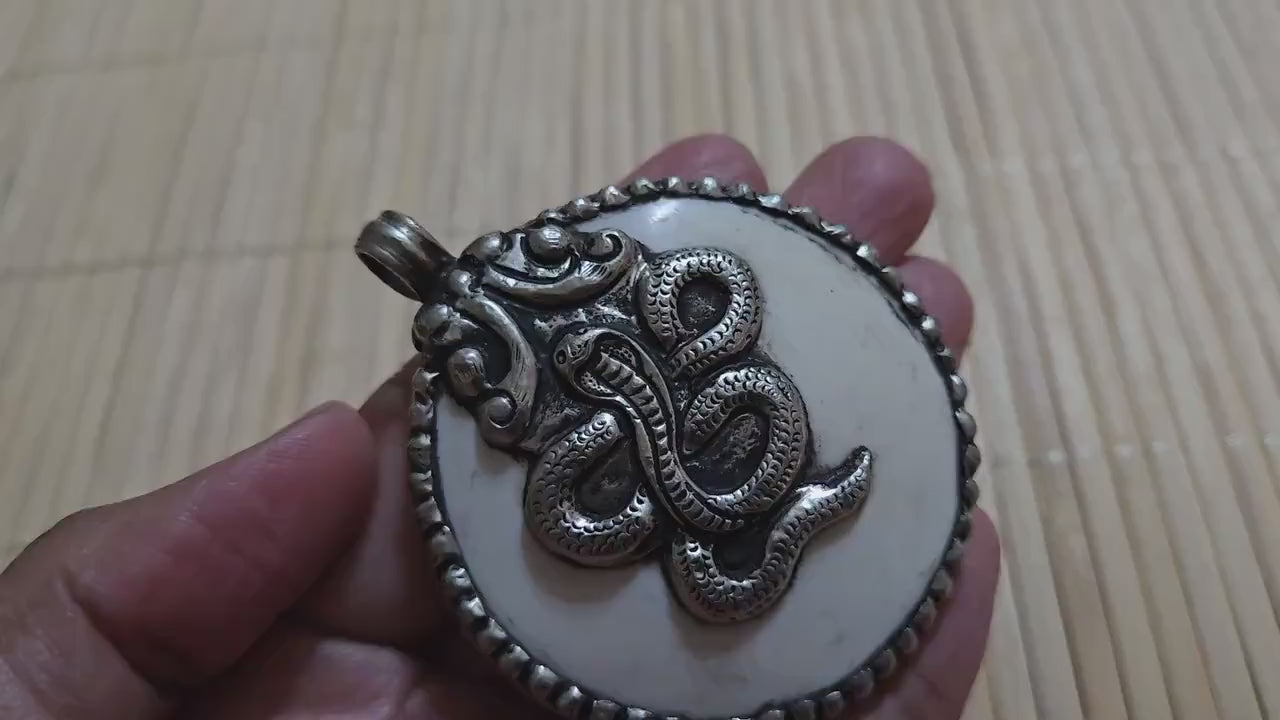 Large Tibetan Naga conch shell Snake Pendant - antiqued silver repousse | King Cobra Serpent Jewelry | Year of the Snake | PM004K