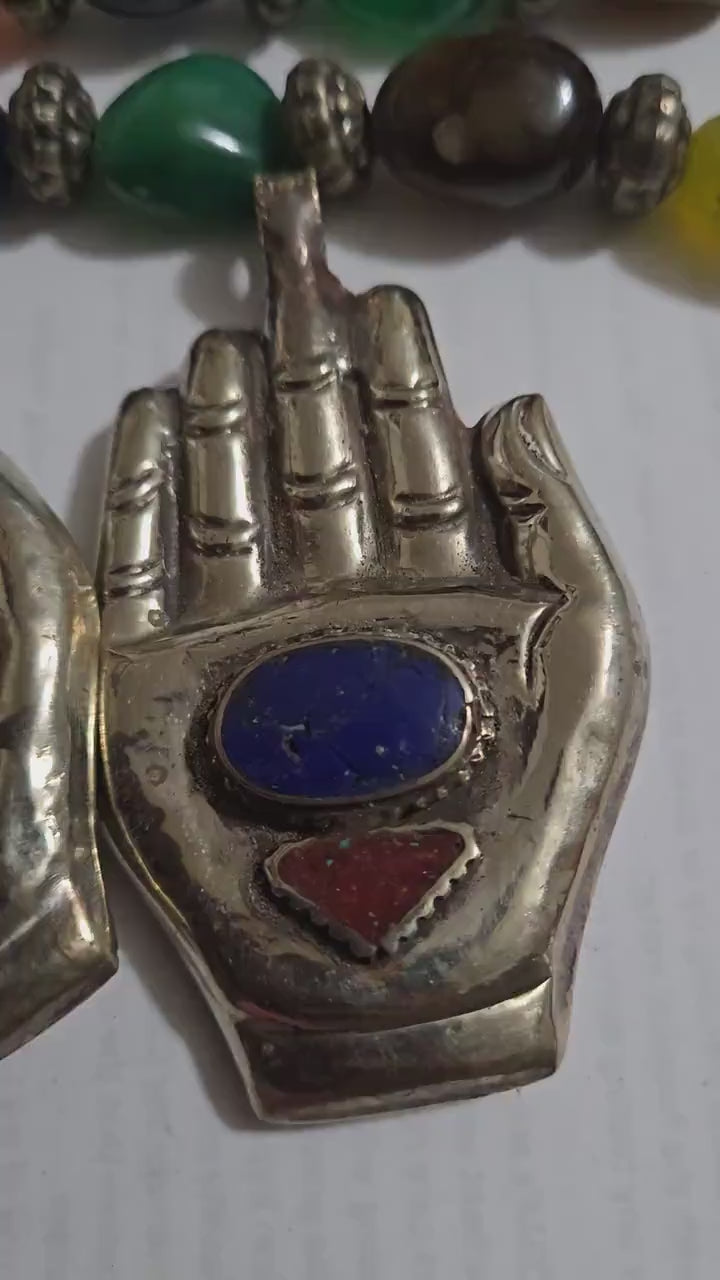 Large bold size Buddha hand lapis coral inlaid Om inscribed reversible pendant rustic finish- PM240A