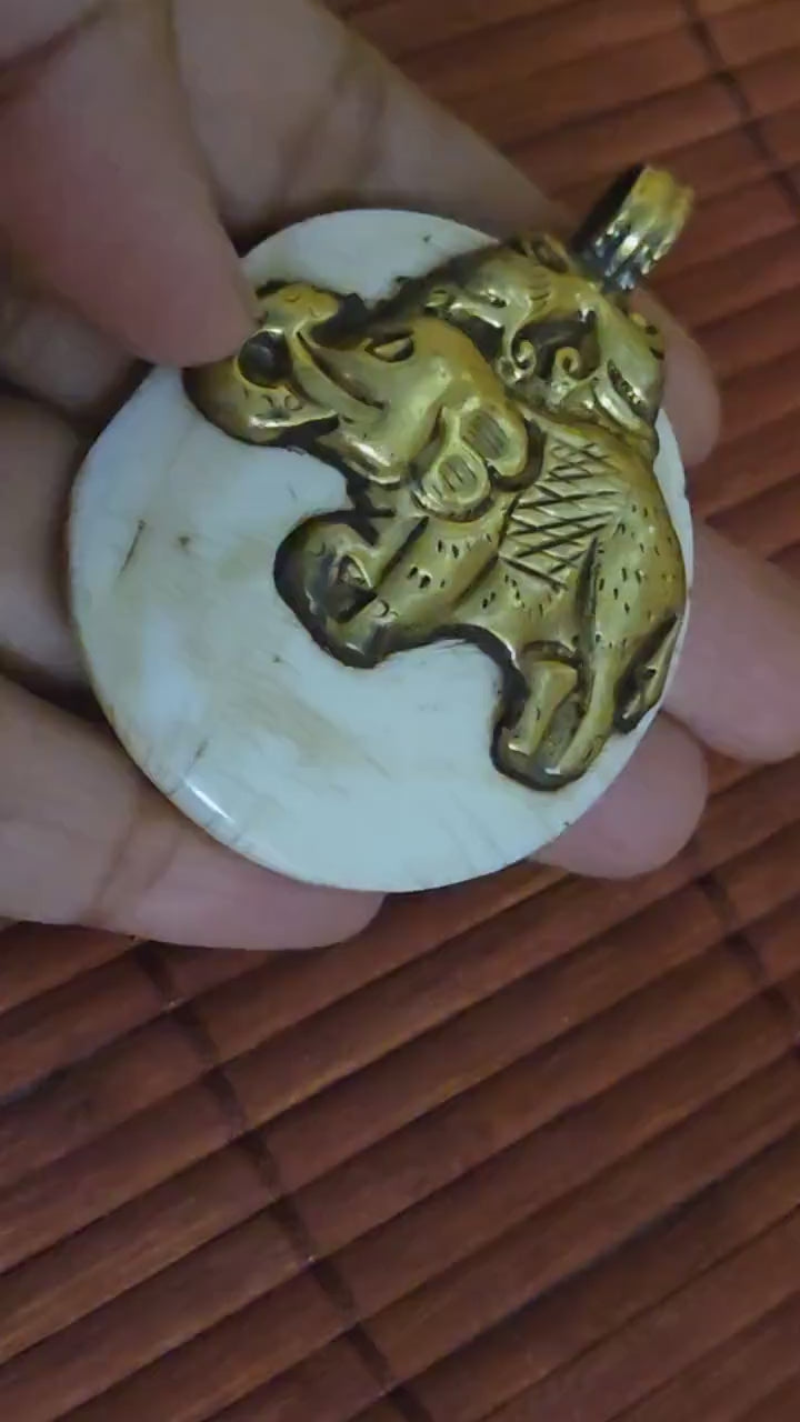 Majestic Elephant & Phoenix bird Pendant | Reversible Tibetan Conch Shell Amulet | Brass Trim Ethnic artistic pendant from Nepal PM004D