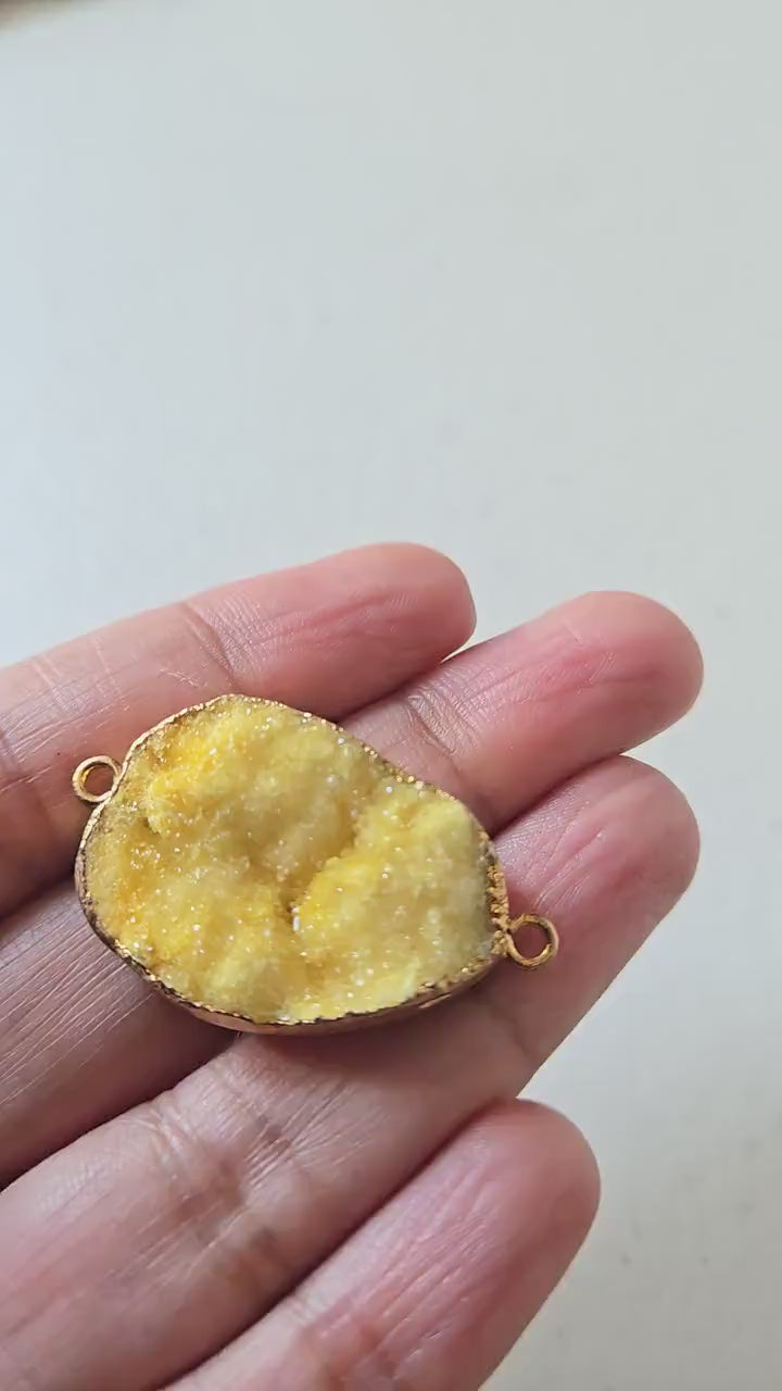 Lemony yellow shimmer druzy quartz agate geode golden edged pendant- SP020J