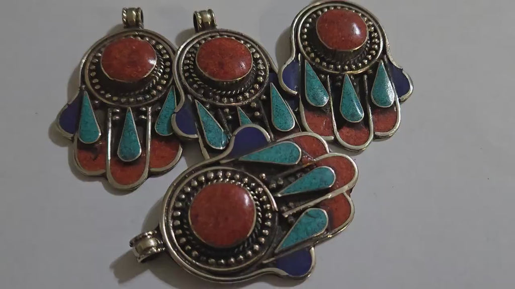 1 pendant - Beautiful Tibetan hamsa pendant with coral resin center and turquoise coral inlay hand pendant handcrafted Nepal -  PM337A