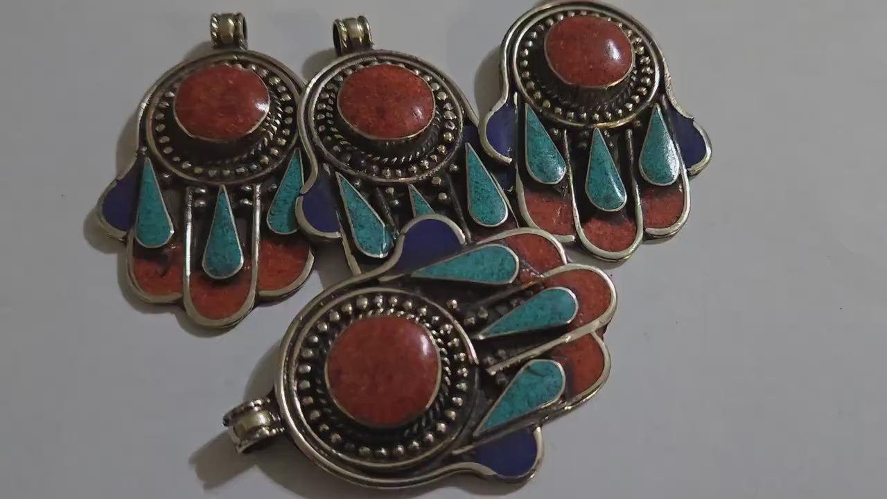 1 pendant - Beautiful Tibetan hamsa pendant with coral resin center and turquoise coral inlay hand pendant handcrafted Nepal -  PM337A