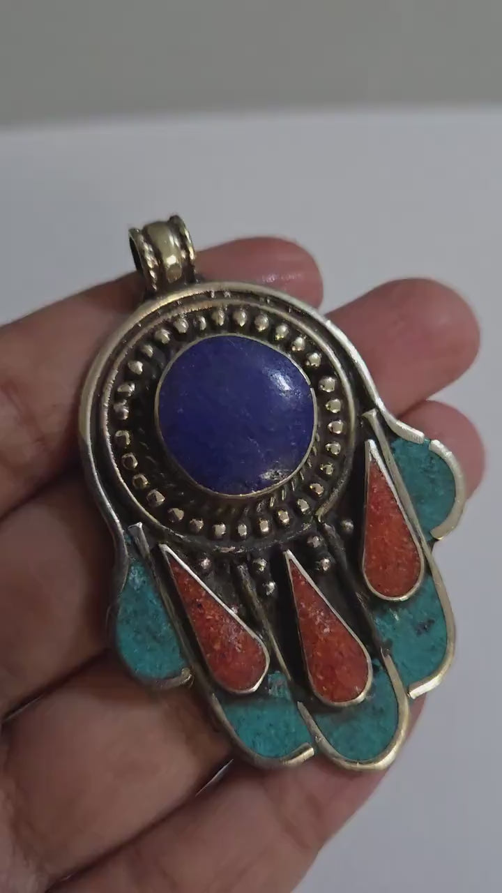 1 pendant - Beautiful Tibetan hamsa pendant with lapis coral turquoise inlay hand pendant handcrafted Nepal -  PM337D