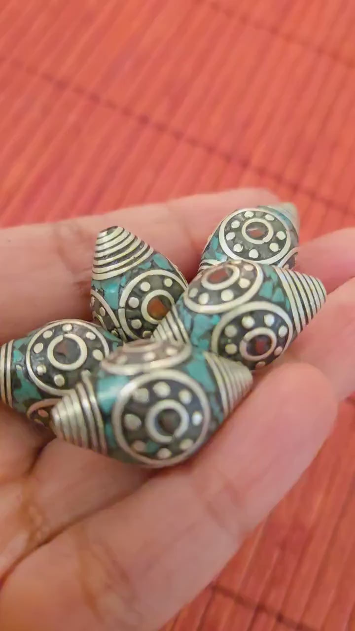 4 beads - Beautiful bicone antiqued silver finish bicone Tibetan beads turquoise coral inlay circles dotted spiral design - BD602A