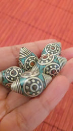 4 beads - Beautiful bicone antiqued silver finish bicone Tibetan beads turquoise coral inlay circles dotted spiral design - BD602A