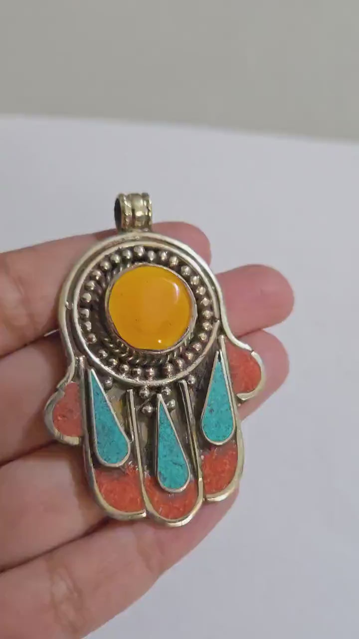 1 pendant - Beautiful Tibetan hamsa pendant with coral resin center and turquoise coral inlay hand pendant handcrafted Nepal -  PM337A