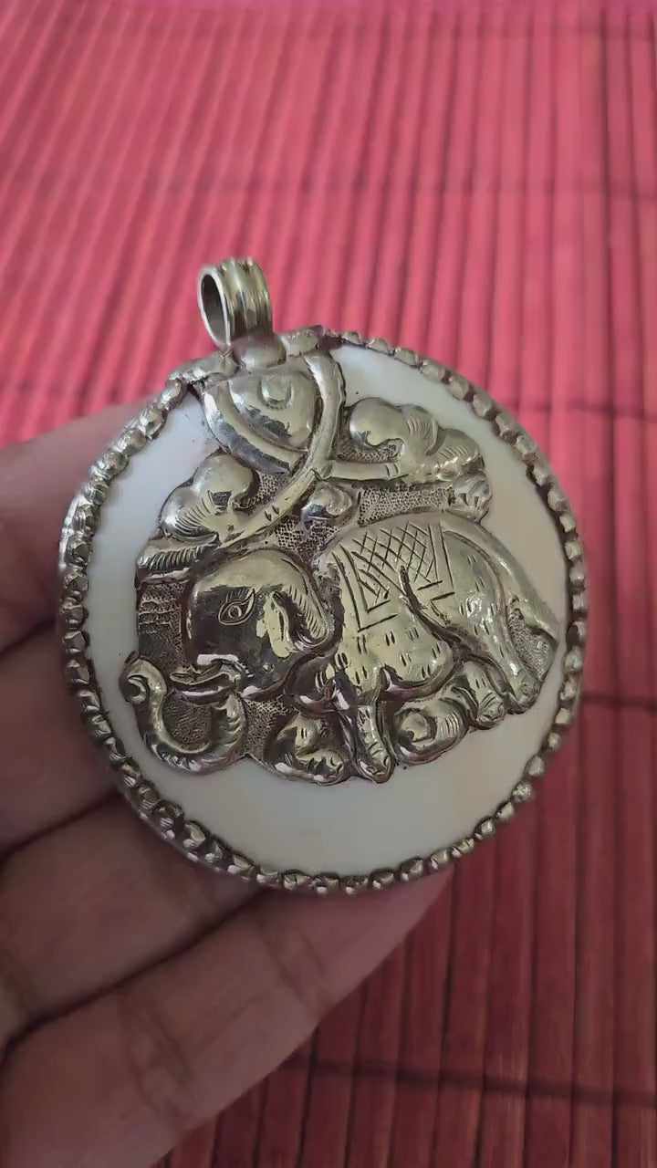1 pendant - Large bold Tibetan Silver Repousse tribal naga conch shell pendant with elephant carving  - PM490