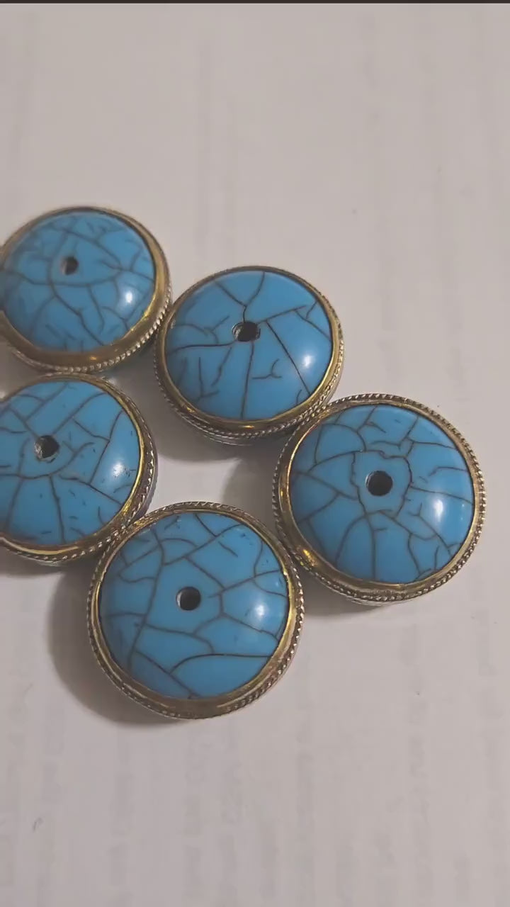 1 BEAD -  Reversible Tibetan Donut Disc Bead, Blue Crackle Resin with Turquoise, Coral & Brass Inlay,  Nepalese Bead BD519G