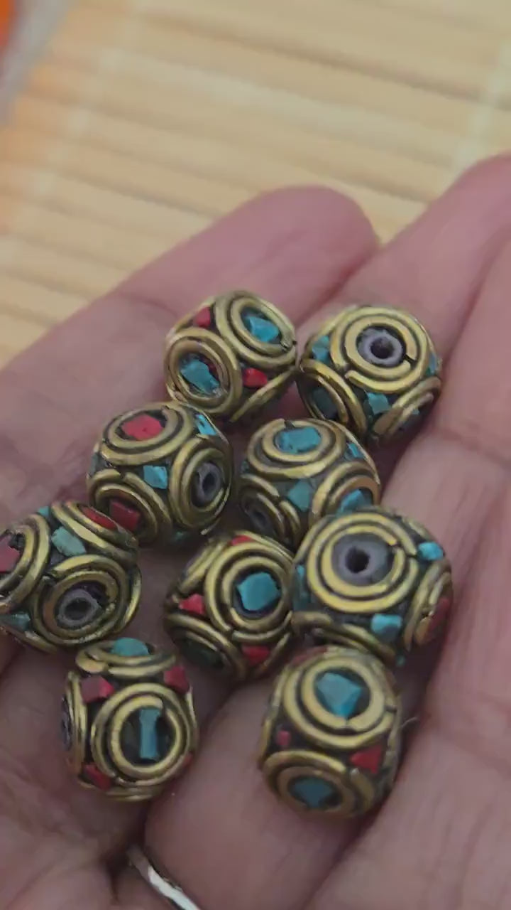 4 beads - Tibetan Oval shape nepal brass beads with turquoise coral inlay - BD797A