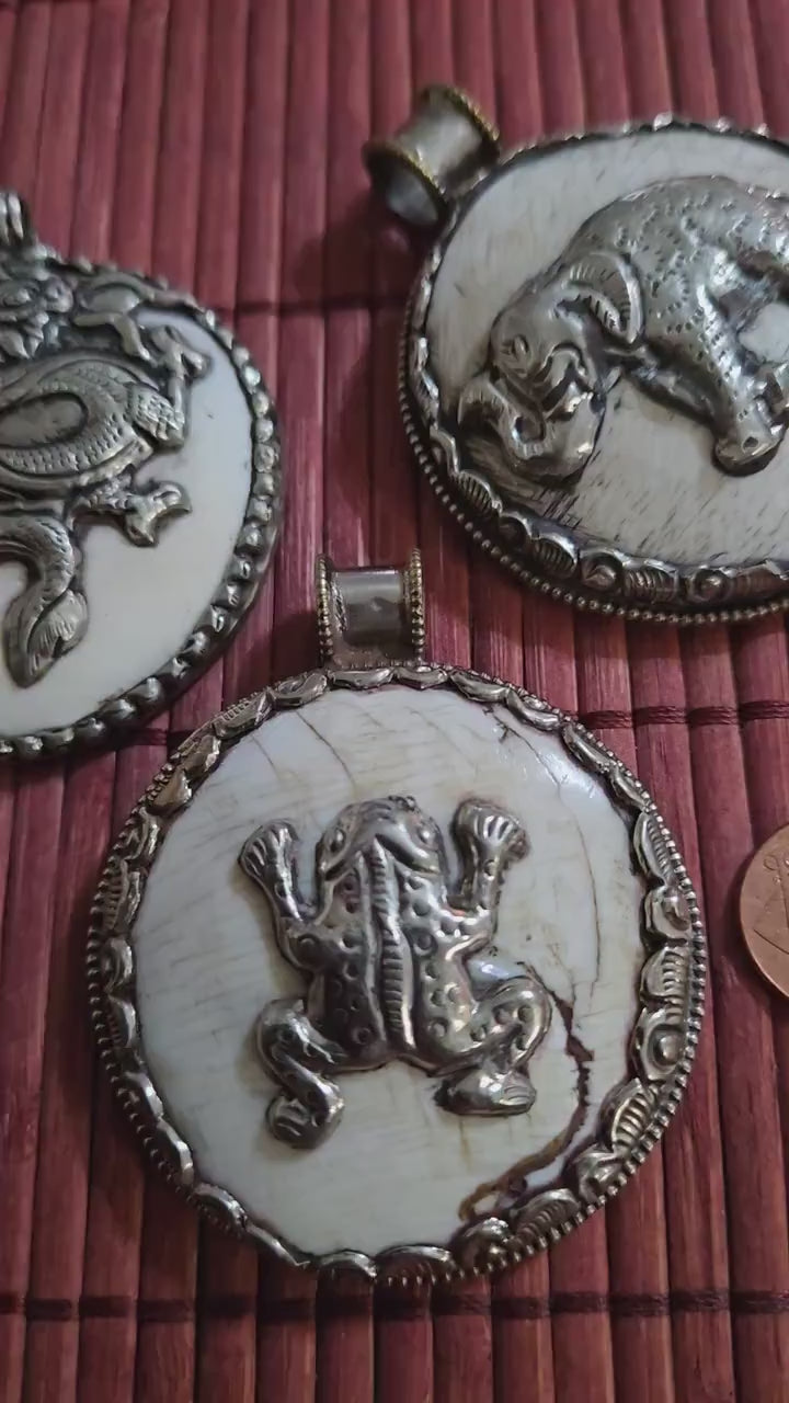 3 animal pendants set -  Ethnic tribal Tibetan naga conch shell Frog , elephant, dragon pendant reverse side floral deer design -  PM491D