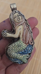 1 mermaid Pendant - Large size carved painted upcycled cattle bone pendant with mermaid design floral carving on reverse side - PM278D
