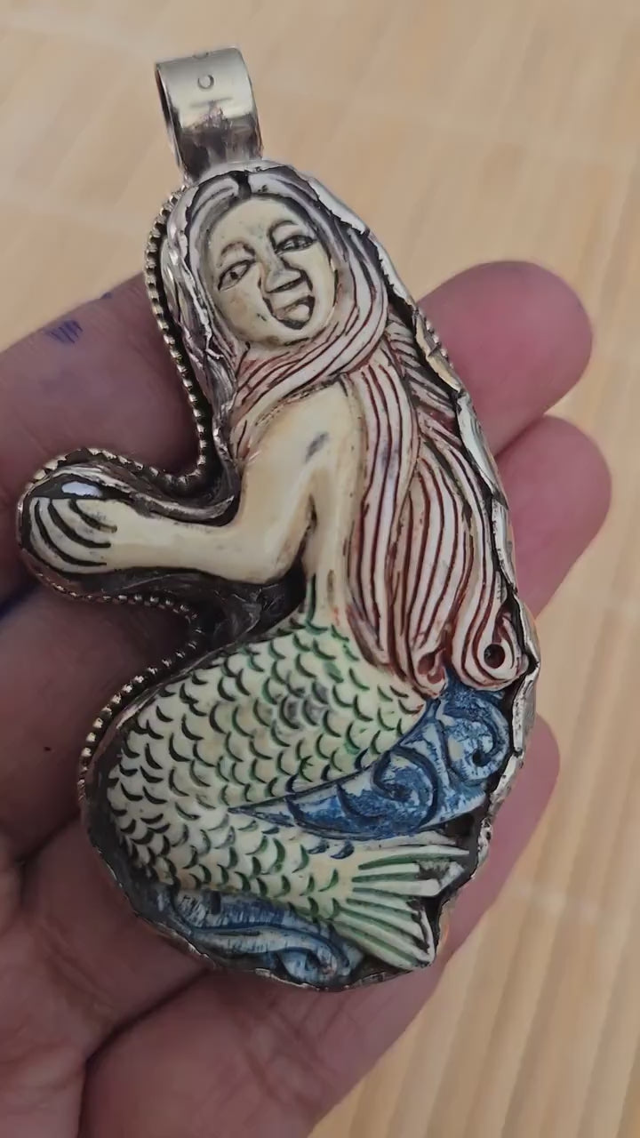 1 mermaid Pendant - Large size carved painted upcycled cattle bone pendant with mermaid design floral carving on reverse side - PM278D