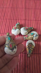 1 Pendant - Nepalese Brass capped naga conch shell drop pendant with turquoise coral inlay - PM487