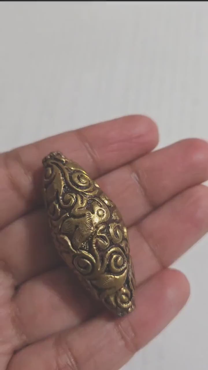 1 Bead - Tibetan brass bead floral bird repousse carved bead ethnic tibetan Nepal bead  -PM438C2